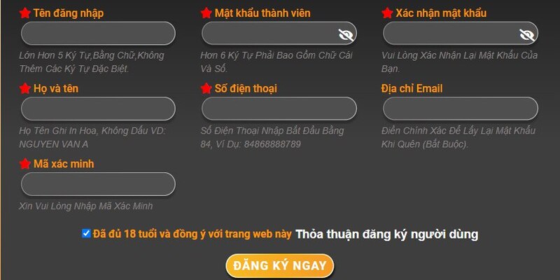 Biểu mẫu tạo tài khoản tại ABC8